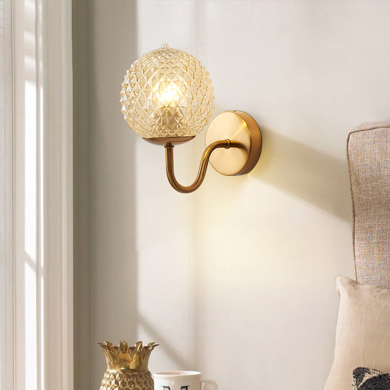 Postmodern Brass Sconce Bedside Wall Light With Textured Glass Shade - 1-Bulb Ball Shaped Lamp