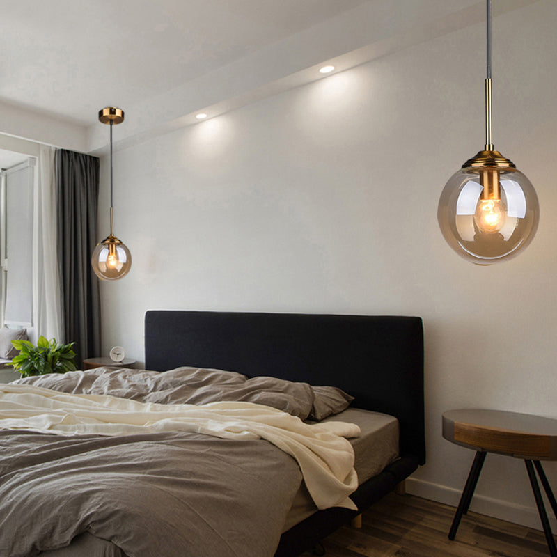 Brass Bedside Pendant Light: Postmodern Blown Glass Sphere | 1-Bulb Hanging Ceiling Fixture