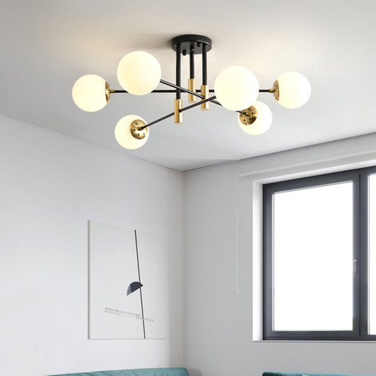 Sleek Ivory Glass Ball Flush Ceiling Light In Simple Black - Brass - Semi Mount For Dining Room