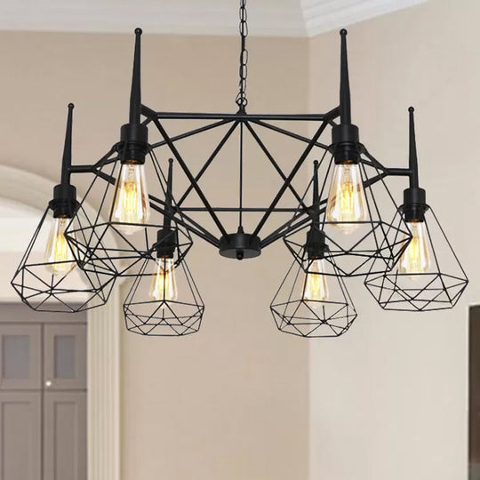 Industrial Cage Diamond Iron Chandelier Pendant Light With Adjustable Chain - Retro Multi-Light