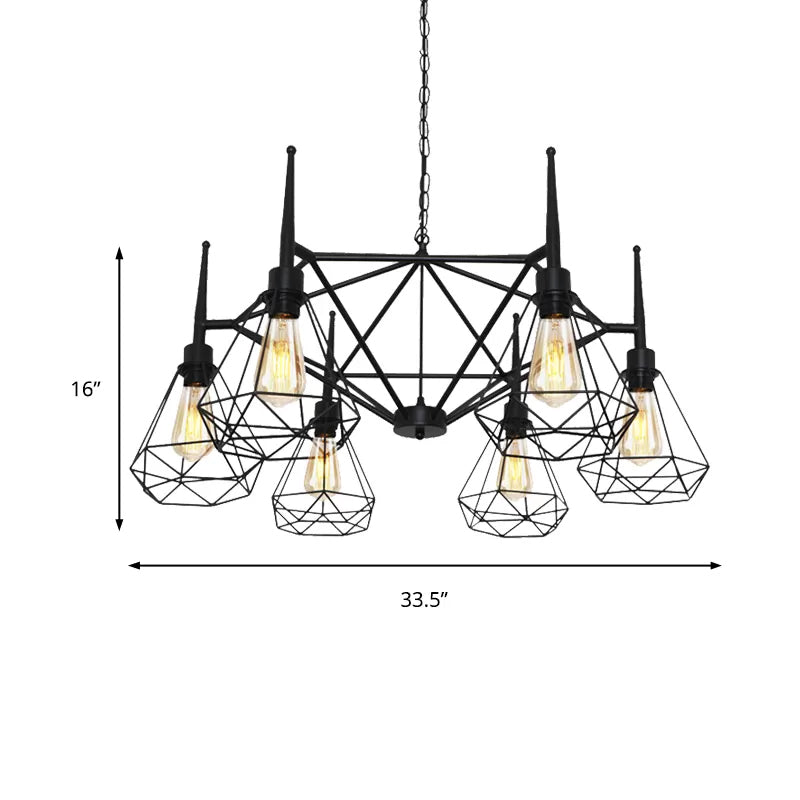 Industrial Cage Diamond Iron Chandelier Pendant Light With Adjustable Chain - Retro Multi-Light