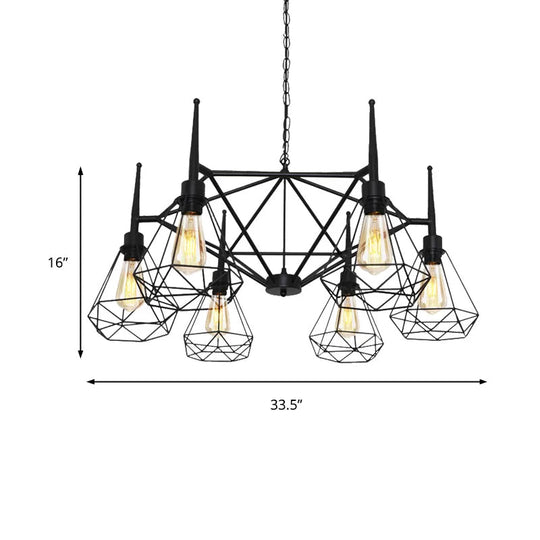 Industrial Cage Diamond Iron Chandelier Pendant Light With Adjustable Chain - Retro Multi-Light