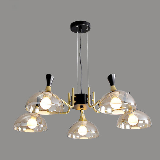 Modern Black-Brass Glass Chandelier With Bowl Shape For Restaurants 5 / Amber