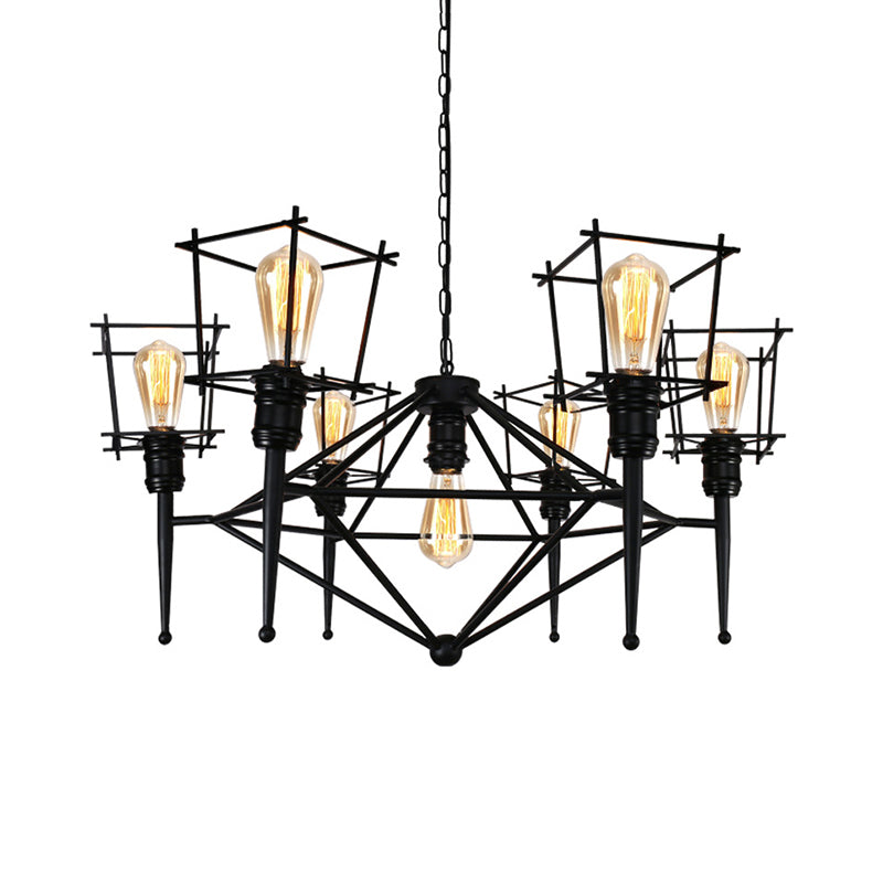 Industrial Black Iron Multi-Light Cage Pendant Chandelier For Restaurants