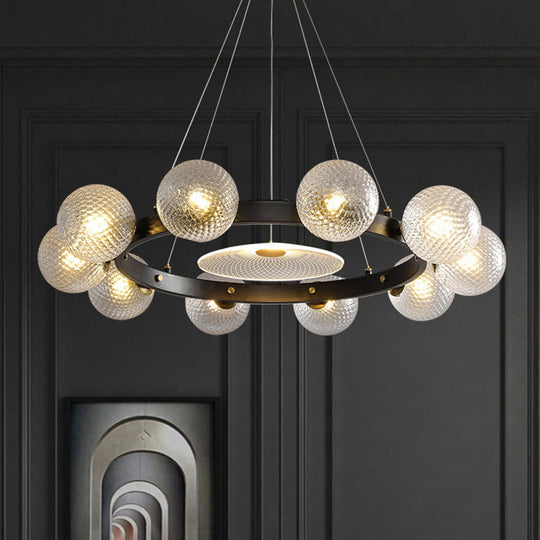 Black Designer Ball Pendant Chandelier With Clear Lattice Glass - Restaurant Hanging Light