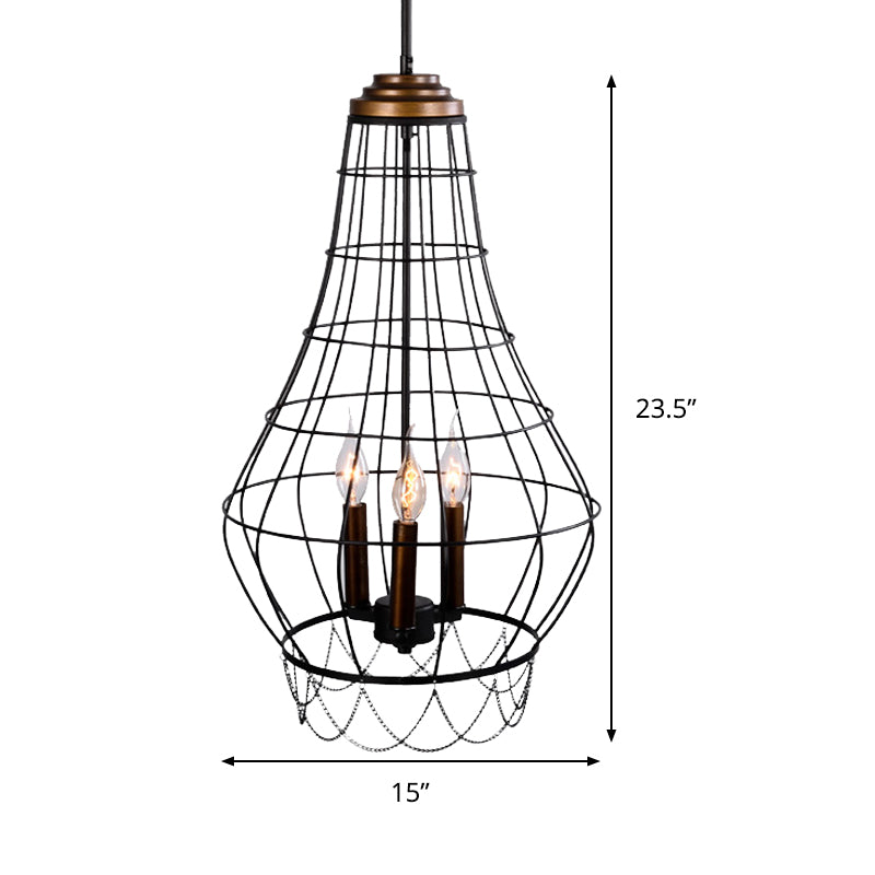 Industrial Metal Wire Guard Drop Light With 3 Black Finish Pendant Lights - Stylish Balcony Lamp