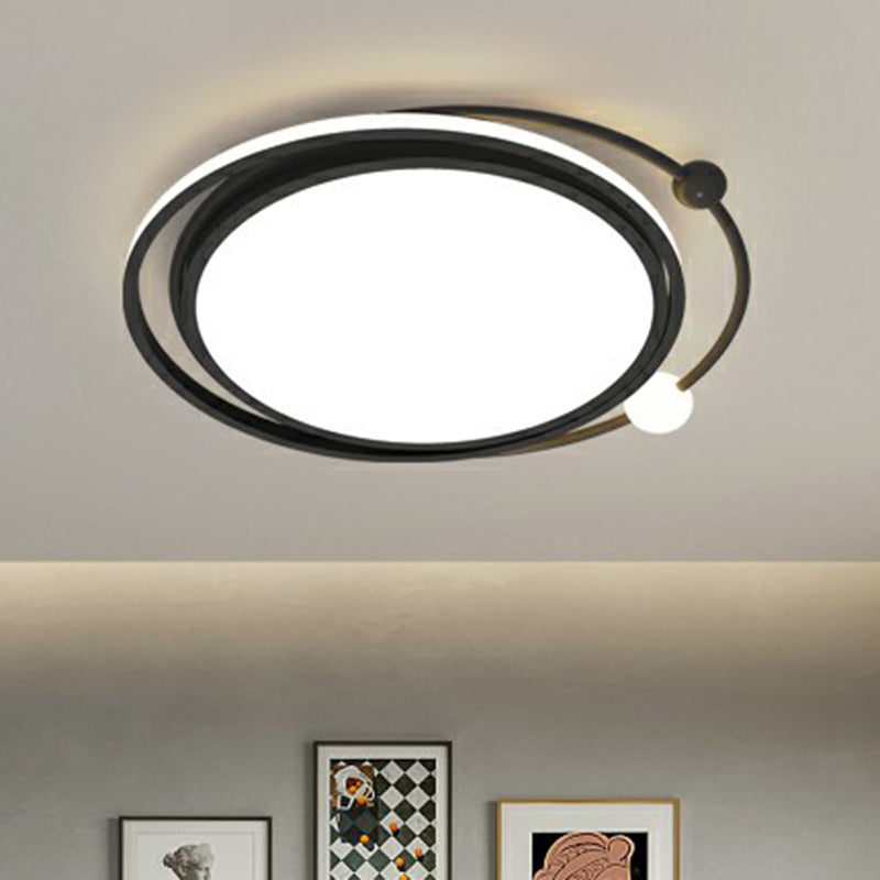 Modern Black Flush Mount Led Bedroom Light - Simple Round Ceiling Fixture With Acrylic Planetary
