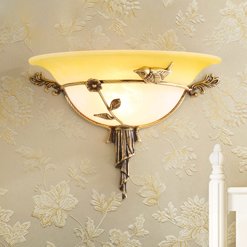 Floral Deco Wall Lamp With Wide Flare In Tradition White/Yellow Glass - Sconce Light Fixture