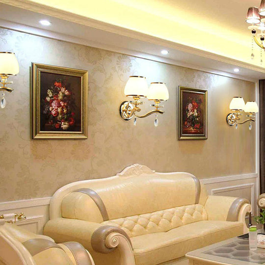 Vintage Sconce Lighting: Wall-Mounted Gold Light With Tapered White Glass Shade For Living Room 2 /