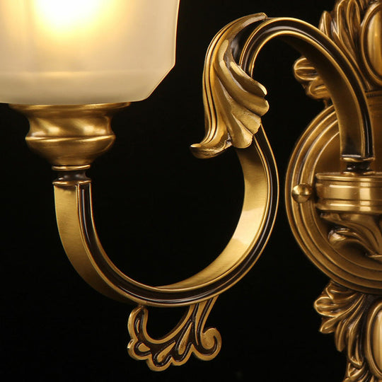 Traditional Bronze 2-Bulb Wall Sconce With Curved Arm And Bell White Glass Shade