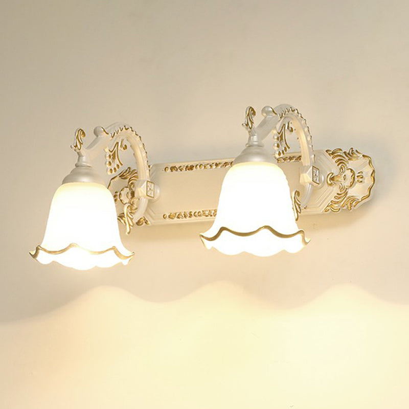 Traditional Ivory Glass Wall Sconce With Ruffled Trim - Bell Bathroom Light Fixture 2 / White