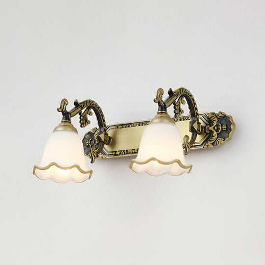 Traditional Ivory Glass Wall Sconce With Ruffled Trim - Bell Bathroom Light Fixture 2 / Bronze