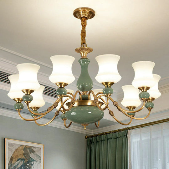 Emerald Green-Gold Retro Vase Chandelier: Opal Frosted Glass Pendant Light For Dining Room
