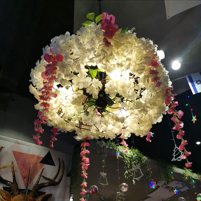 Round Cage Pendant Lamp With Floral Accents - Rustic Metal Chandelier 3 Lights