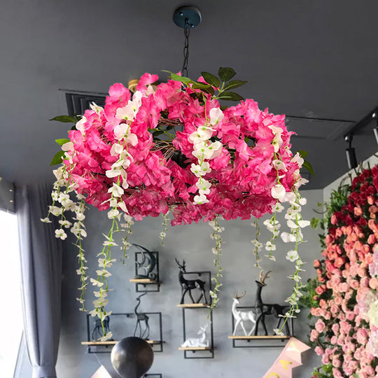 Round Cage Pendant Lamp With Floral Accents - Rustic Metal Chandelier 3 Lights
