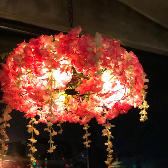 Round Cage Pendant Lamp With Floral Accents - Rustic Metal Chandelier 3 Lights