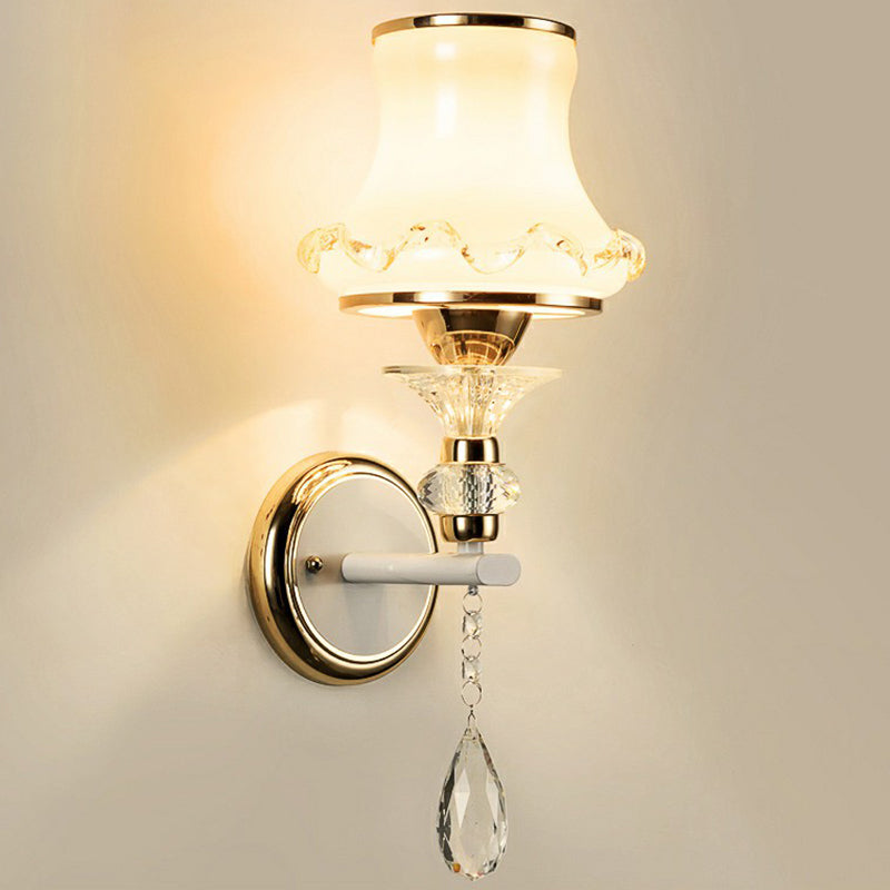 Vintage Frosted Glass Flared Wall Sconce With Crystal Accents For Living Room