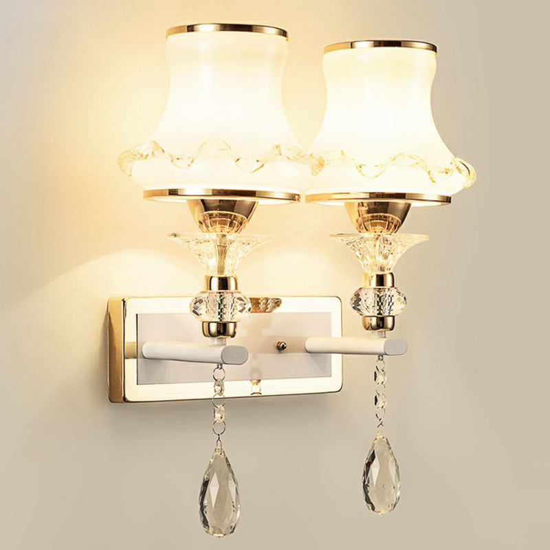 Vintage Frosted Glass Flared Wall Sconce With Crystal Accents For Living Room