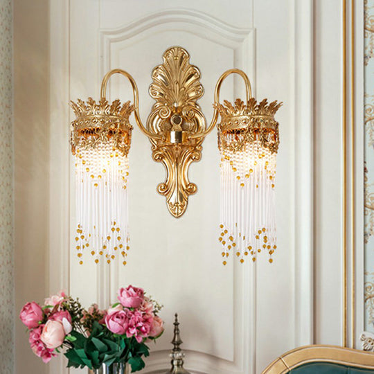 Traditional Gold Crown Wall Sconce With Crystal Fringe Stylish Metal Living Room Lamp