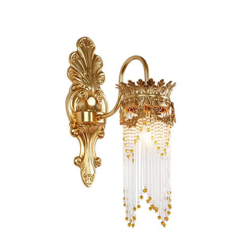 Traditional Gold Crown Wall Sconce With Crystal Fringe Stylish Metal Living Room Lamp