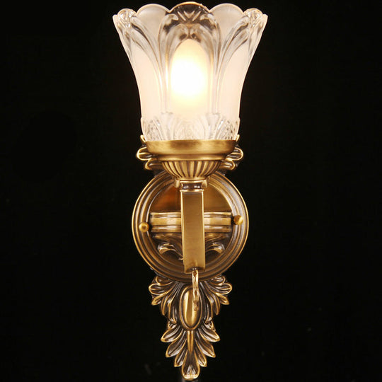 Bronze Floral Wall Sconce With Frosted White Glass - Single Bulb Light For Aisle Traditional Design