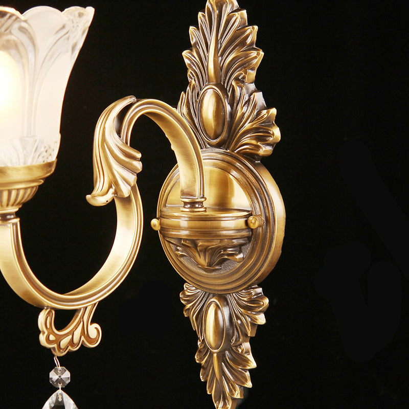 Bronze Floral Wall Sconce With Frosted White Glass - Single Bulb Light For Aisle Traditional Design
