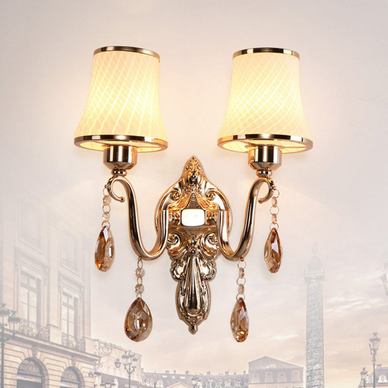 Flared Bronze Wall Lamp With Traditional Twist: Glass Bedroom Reading Light Crystal Deco 2 /