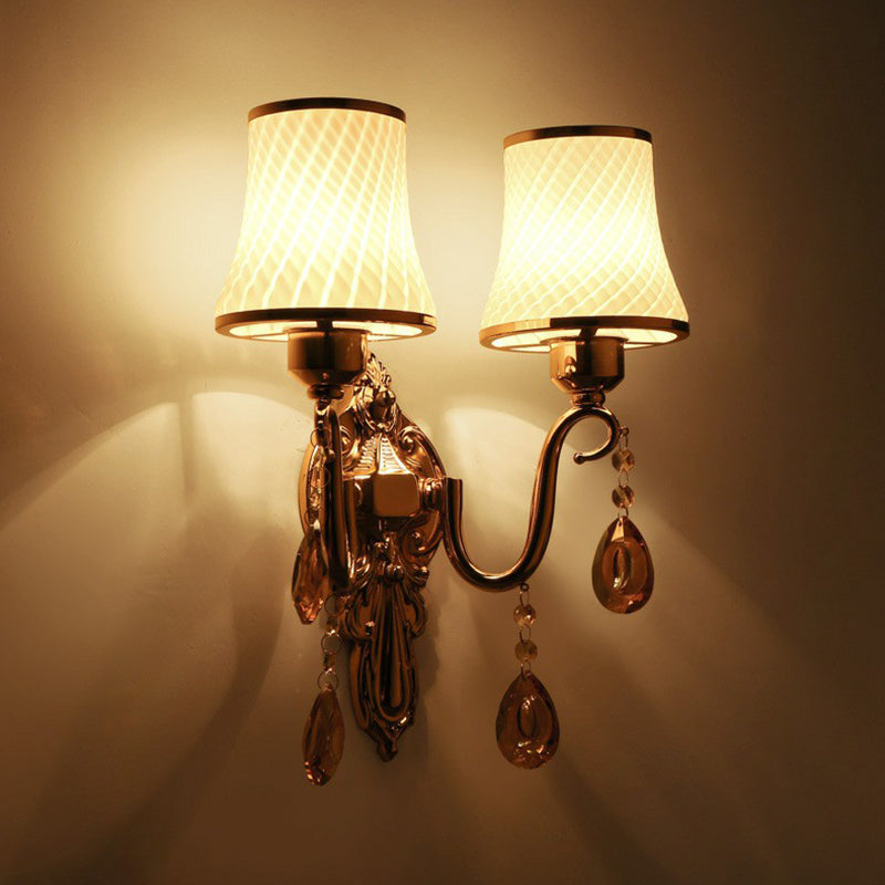 Flared Bronze Wall Lamp With Traditional Twist: Glass Bedroom Reading Light Crystal Deco