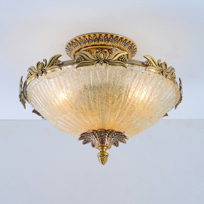Brass Semi - Flush Antiqued Bowl Light With Clear Variegated Glass