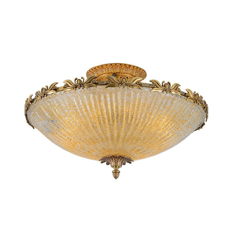 Brass Semi - Flush Antiqued Bowl Light With Clear Variegated Glass