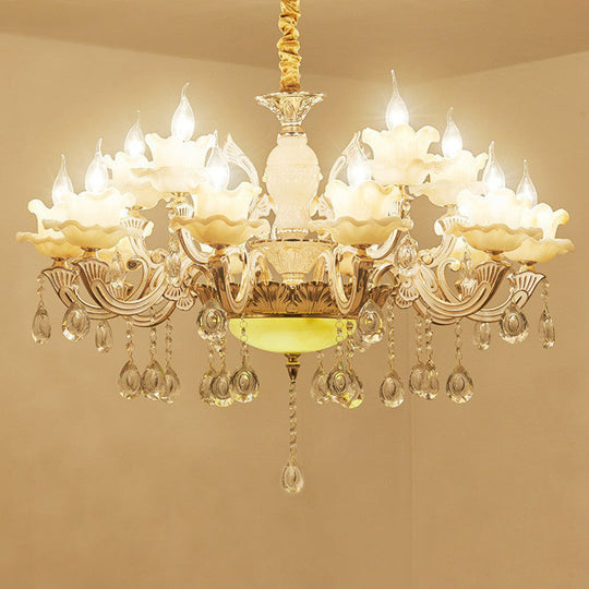 Classic White Faux Candle Chandelier For Living Room With Frosted Glass Pendant And Crystal Décor
