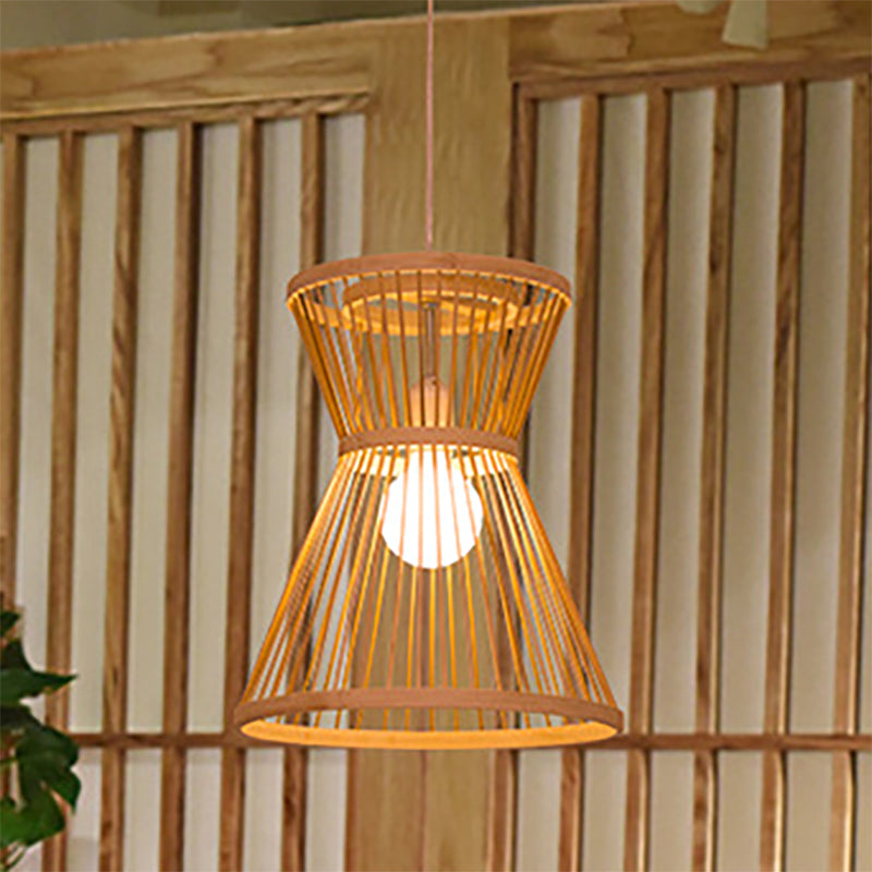 Asian Style Hourglass Pendant Lamp - Bamboo 1 Bulb Beige Suspension Light For Foyer