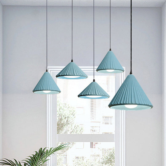 Modern Cement Cone Pendant Lamp For Office Kitchen - One Light Fluted Ceiling Blue / 4’