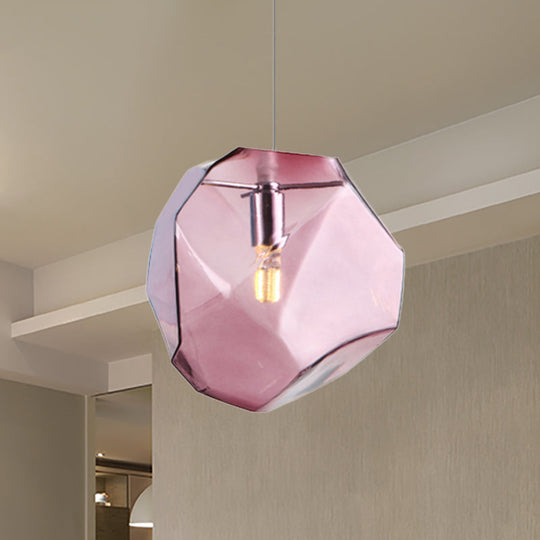 Contemporary 1-Light Glass Pendant Lighting: Faceted Grey/Orange/Purple Led Hanging Lamp Fixture For