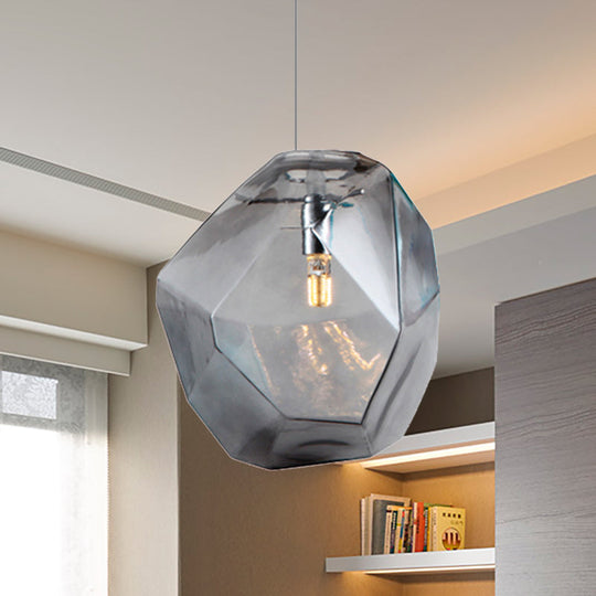 Contemporary Glass Pendant Light - Faceted Grey/Orange/Purple 1-Light Led Hanging Lamp For Dining