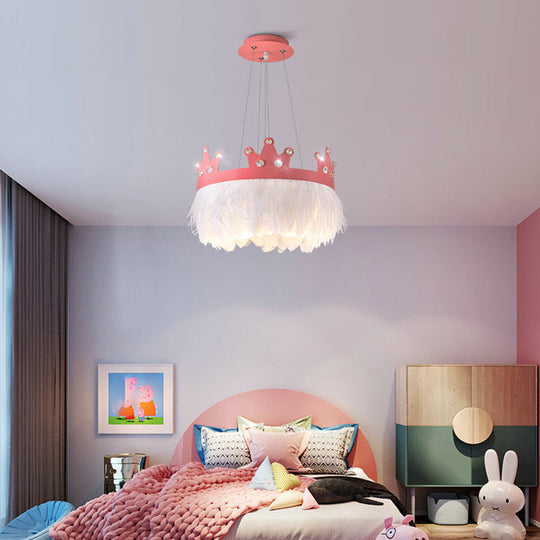 Nordic Style Feather Chandelier: Crown Shaped 2-Light Kit For Girls’ Room Pink / 14’