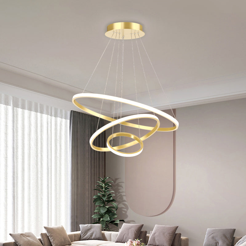 Aluminum Led Chandelier: Outer Glowing Ring Shaped Hanging Light For Restaurants Gold / 3 Tiers