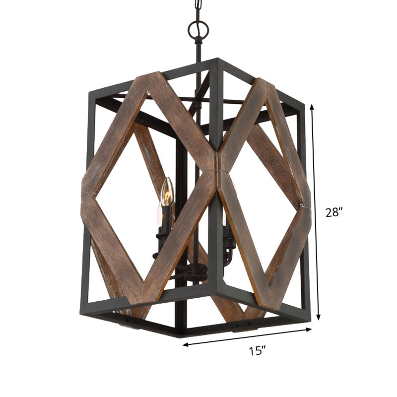 Lodge Style Black Metal Pendant Light With Wooden Rhombus Accents - 4-Light Rectangle Cage Hanging