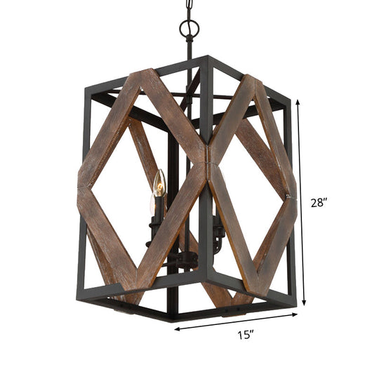 Lodge Style Black Metal Pendant Light With Wooden Rhombus Accents - 4-Light Rectangle Cage Hanging