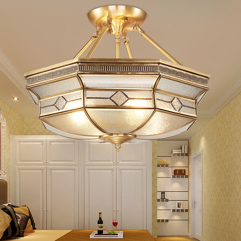 Traditional Octagon Semi Flush Ceiling Light - Textured Glass Brass Finish Ideal For Bedroom