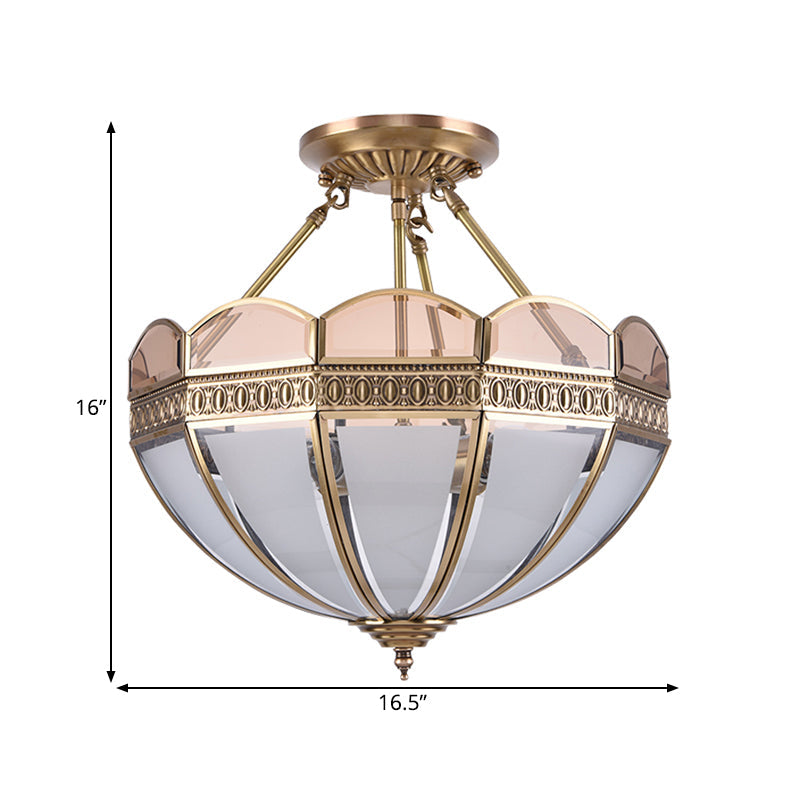 Traditional Brass 4 - Bulb Umbrella Semi Flush Mount Ceiling Light Fixture With Frosted Glass