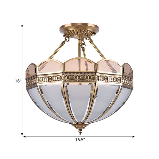 Traditional Brass 4 - Bulb Umbrella Semi Flush Mount Ceiling Light Fixture With Frosted Glass