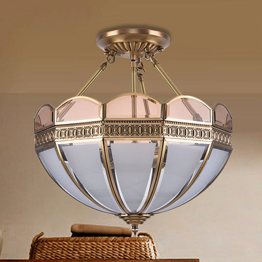 Traditional Brass 4 - Bulb Umbrella Semi Flush Mount Ceiling Light Fixture With Frosted Glass