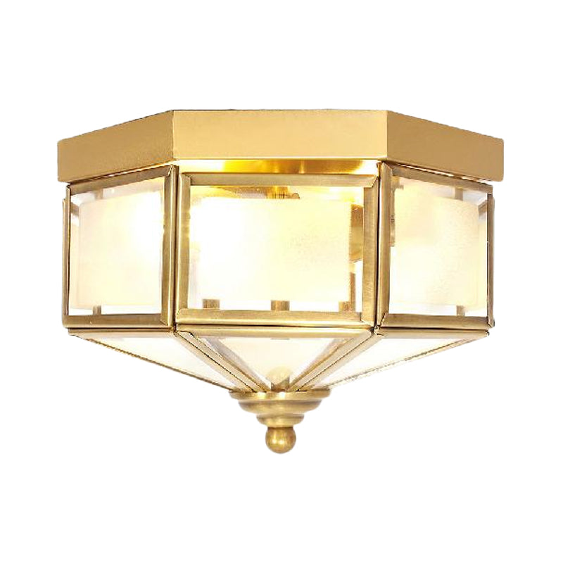 Geometric Flush Light Fixture With Frosted Glass In Brass - Ideal For Balcony Or Ceiling Mounting