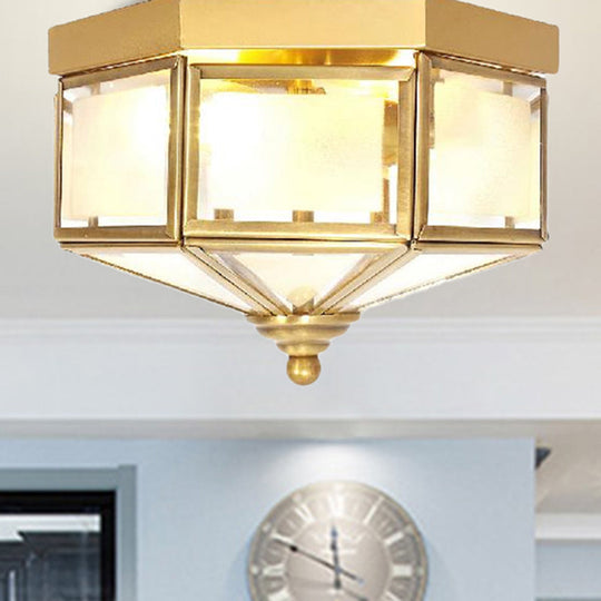 Geometric Flush Light Fixture With Frosted Glass In Brass - Ideal For Balcony Or Ceiling Mounting