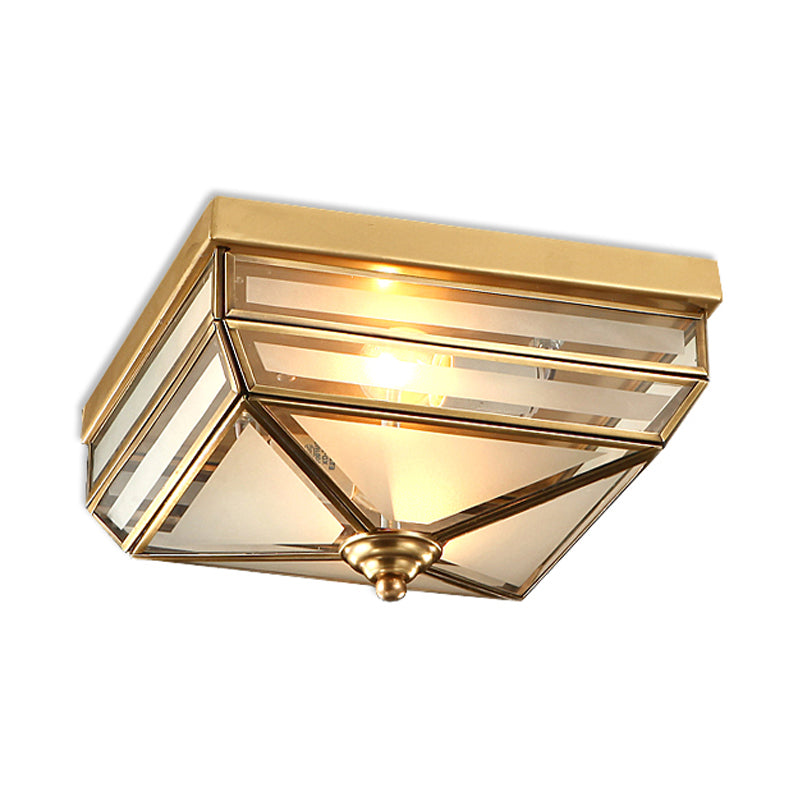 Brass Flush Mount Ceiling Light Fixture For Dining Room - Tradition Rectangle Design Frosted Opal