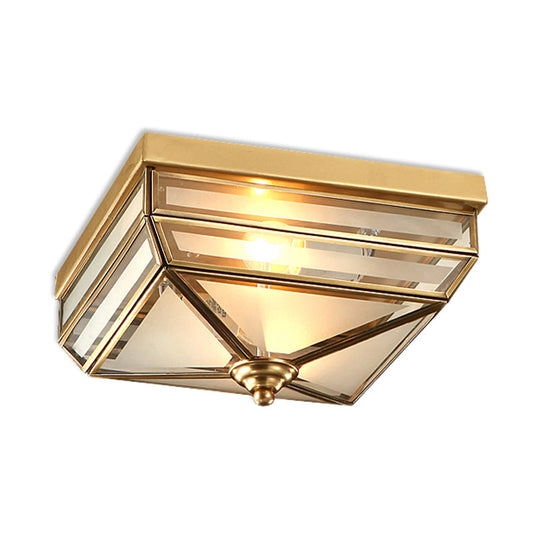 Brass Flush Mount Ceiling Light Fixture For Dining Room - Tradition Rectangle Design Frosted Opal