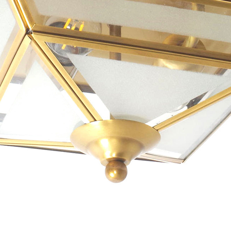 Brass Flush Mount Ceiling Light Fixture For Dining Room - Tradition Rectangle Design Frosted Opal