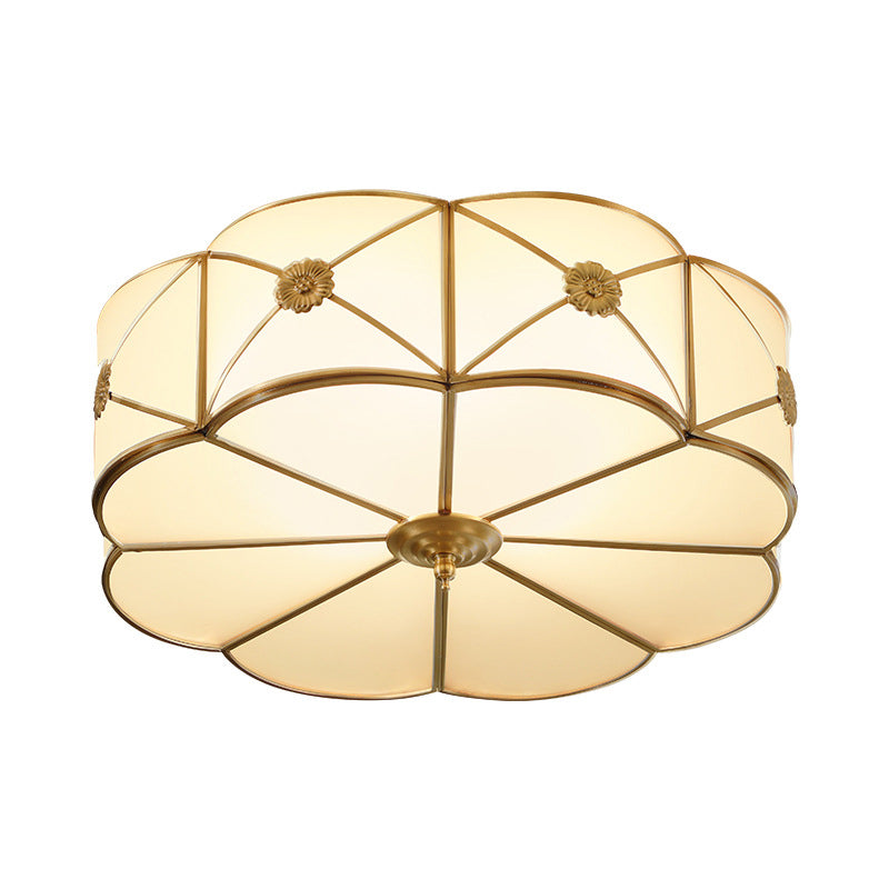 Traditional 1-Tiered White Glass & Gold Flush Mount Chandelier - 3/4/6 Bulbs (14’/18’/23.5’ Width)