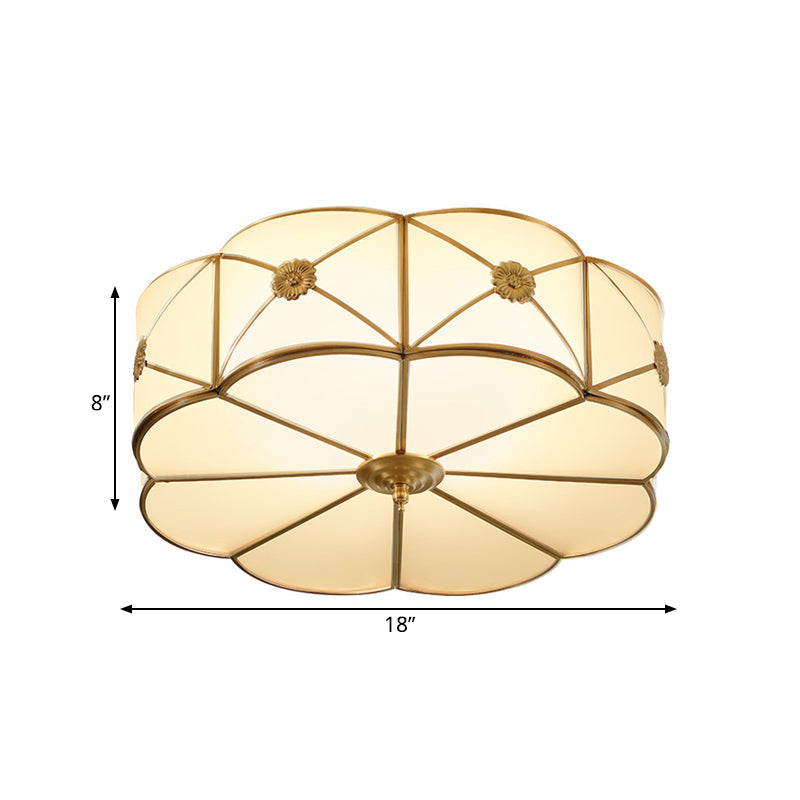 Traditional 1-Tiered White Glass & Gold Flush Mount Chandelier - 3/4/6 Bulbs (14’/18’/23.5’ Width)